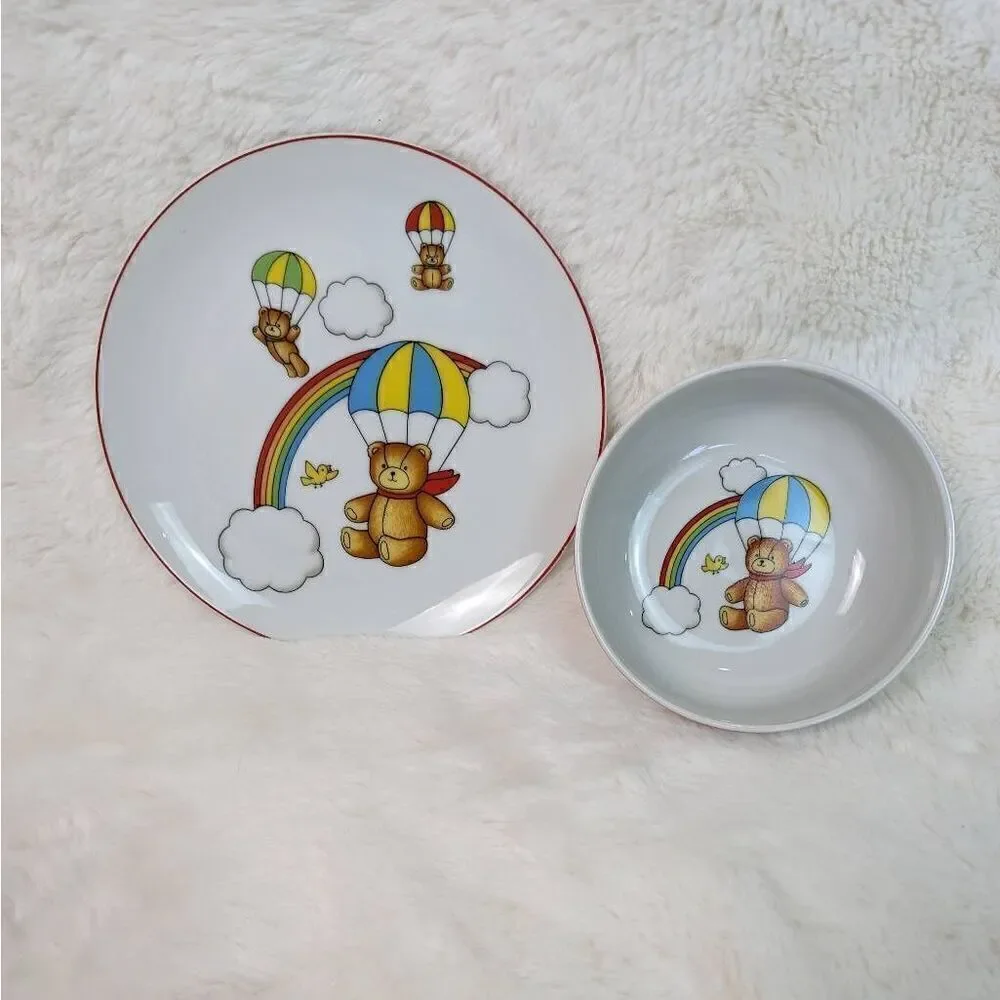 Andrea Sadek Japan Porcelain Childs Kids Plate Bowl Rainbow Teddy Bear Parachute